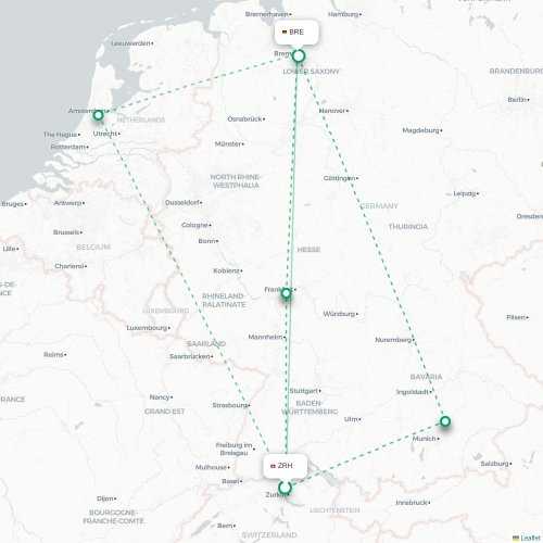 Mapa lotu bezpośredniego Zurych – Brema