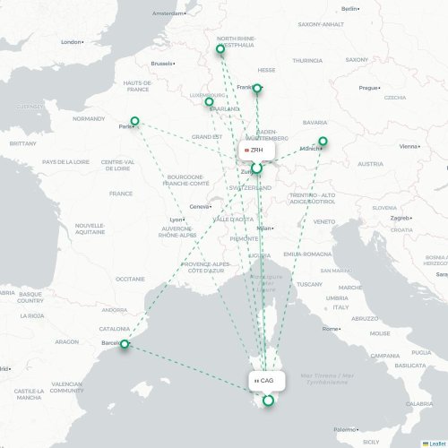 Zurich - Cagliari karta över direktflyg