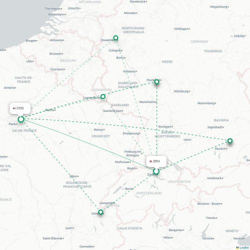 Mapa de vuelo directo Zúrich - París