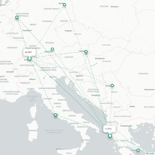 Mapa de vuelo directo Zúrich - Corfú, Corfú