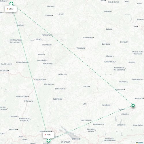Mapa de vuelo directo Zúrich - Colonia