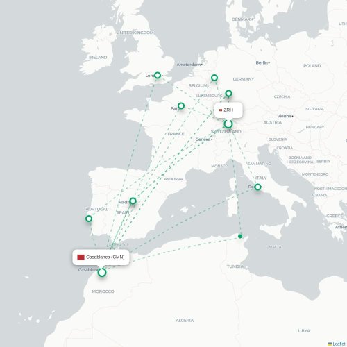 Mapa de vuelo directo Zúrich - Casablanca
