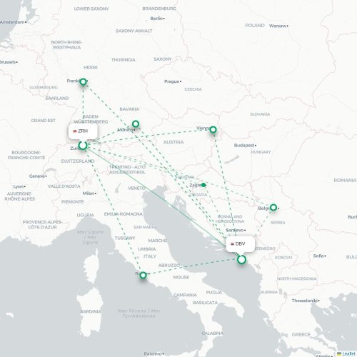 Zurich - Dubrovnik karta över direktflyg