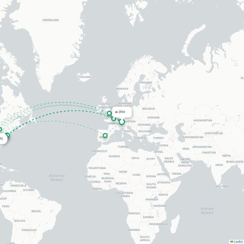 Mapa de vuelo directo Zúrich - Dallas