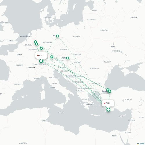 Zurich - Dalaman karta över direktflyg