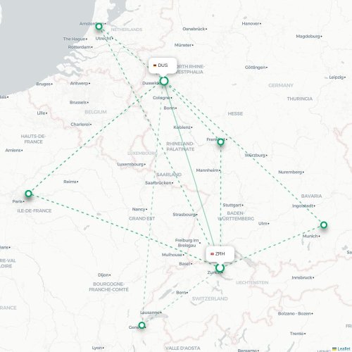 Mapa de vuelo directo Zúrich - Düsseldorf
