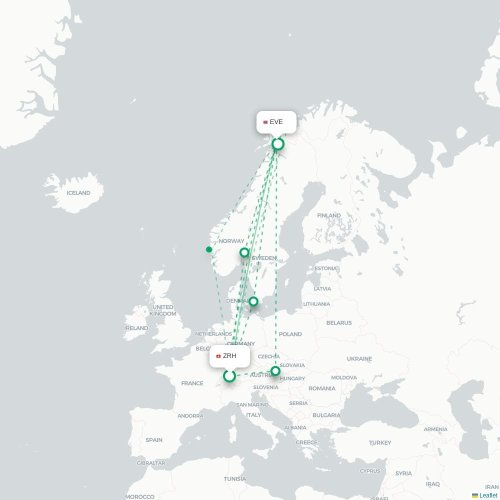 Zurich -  karta över direktflyg