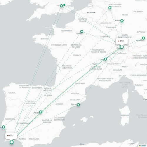 Mapa de vuelo directo Zúrich - Faro