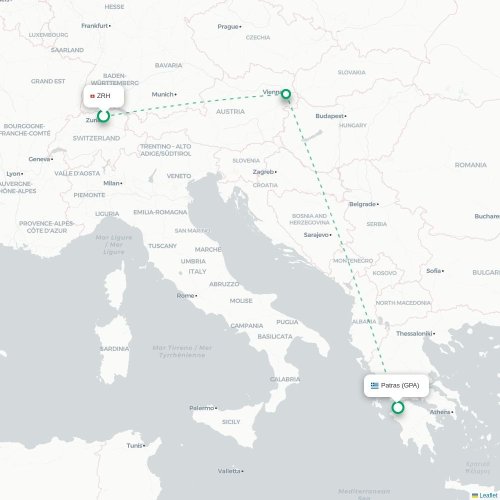 Mapa de vuelo directo Zúrich - Patrás Occidental