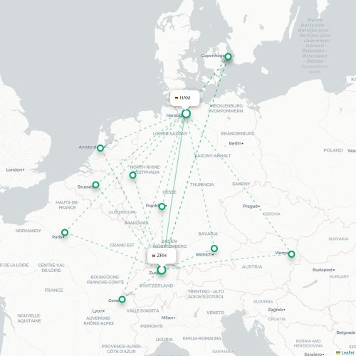 Mapa de vuelo directo Zúrich - Hamburgo