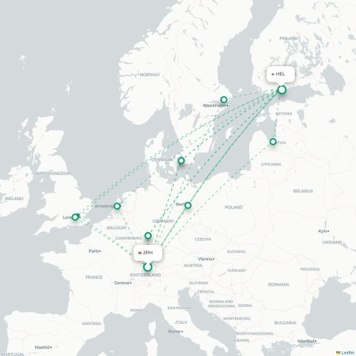 Mapa de vuelo directo Zúrich - Helsinki