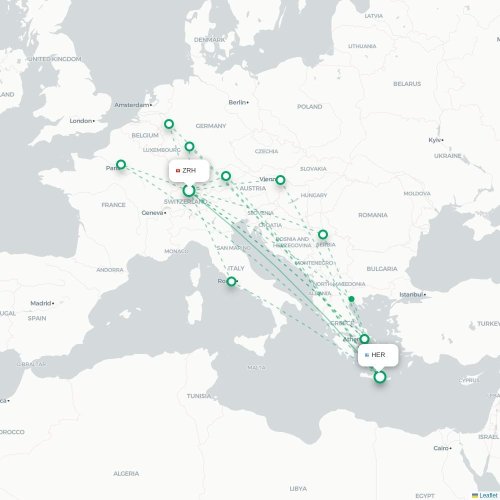 Mapa de vuelo directo Zúrich - Heraclión