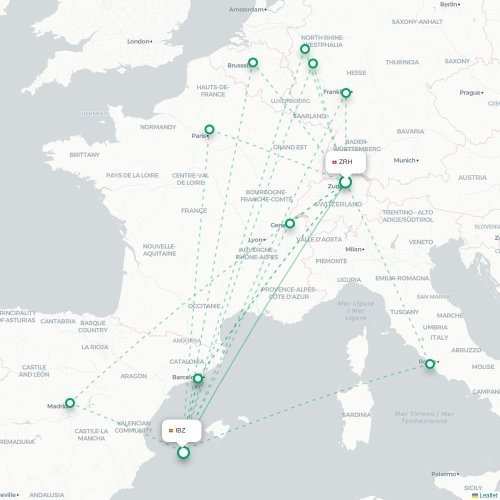 Mapa de vuelo directo Zúrich - Ibiza