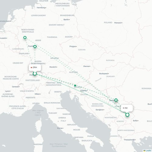Mapa de vuelo directo Zúrich - Niš