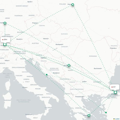 Zurich - Istanbul karta över direktflyg