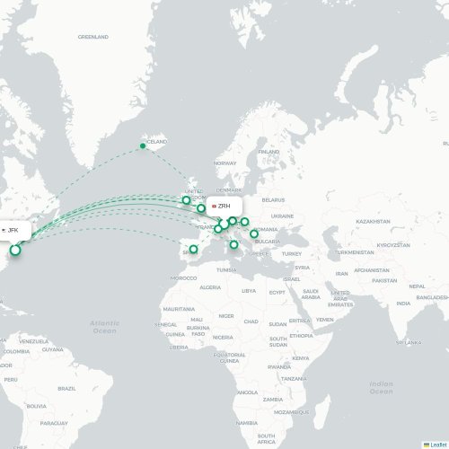 Mapa de vuelo directo Zúrich - Nueva York