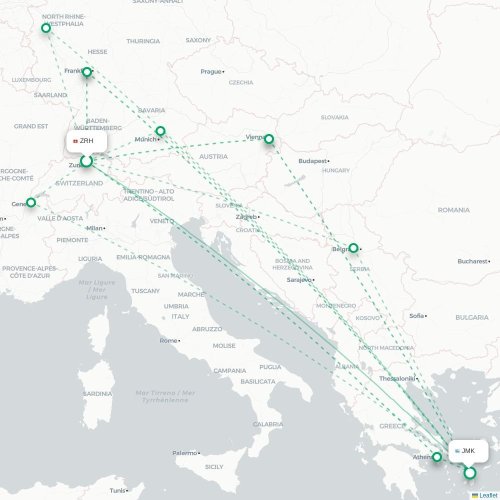 Mapa de vuelo directo Zúrich - Míkonos