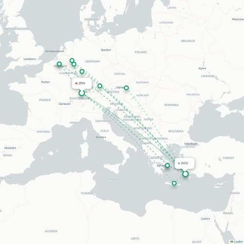 Mapa de vuelo directo Zúrich - Kos