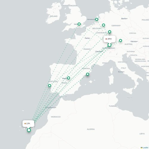 Mapa de vuelo directo Zúrich - Las Palmas de Gran Canaria