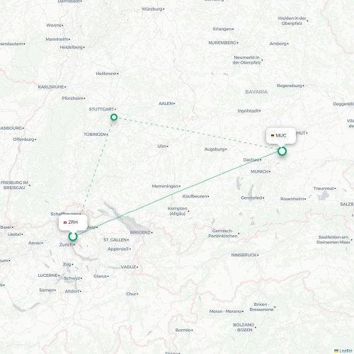 Mapa de vuelo directo Zúrich - Múnich
