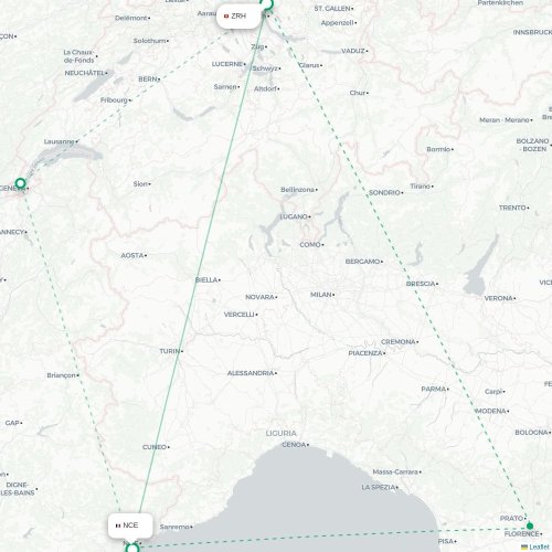 Mapa de vuelo directo Zúrich - Niza