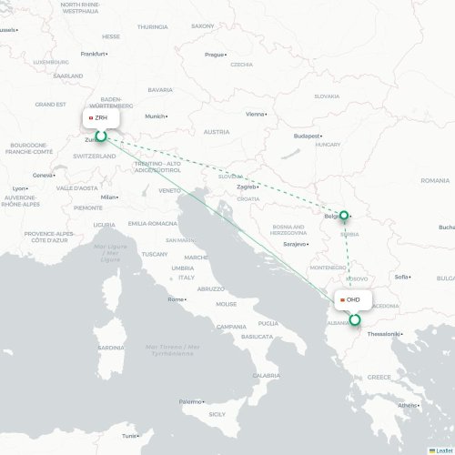 Mapa de vuelo directo Zúrich - Ohrid