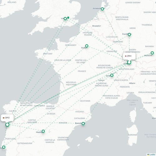 Mapa de vuelo directo Zúrich - Oporto