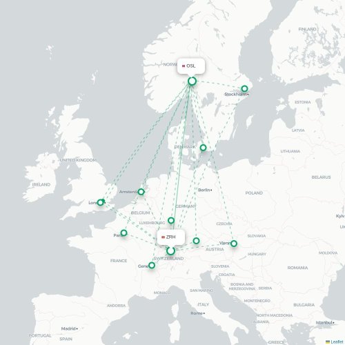 Zurich - Oslo karta över direktflyg