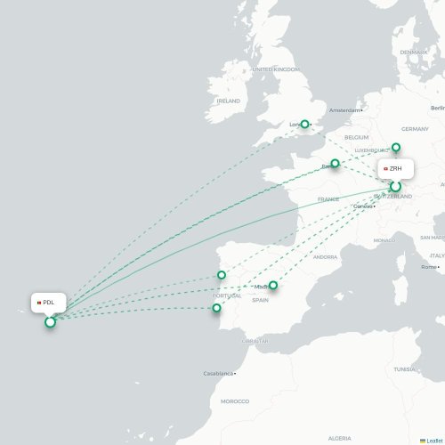 Mapa de vuelo directo Zúrich - Ponta Delgada
