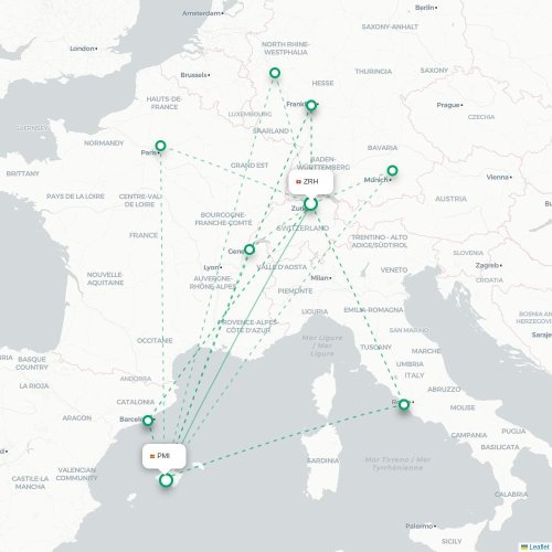 Mapa de vuelo directo Zúrich - Palma