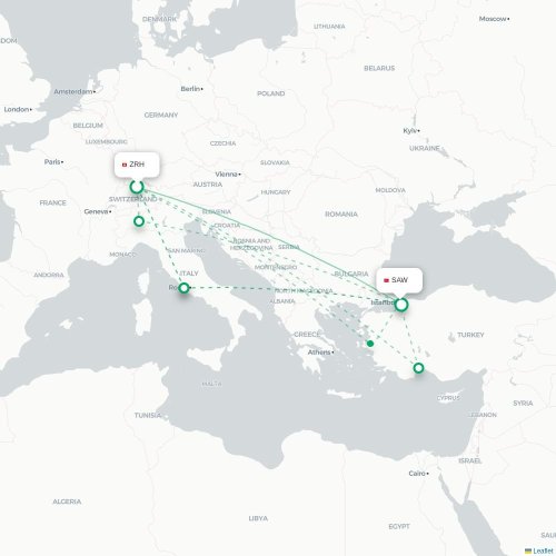 Zurich - Istanbul karta över direktflyg