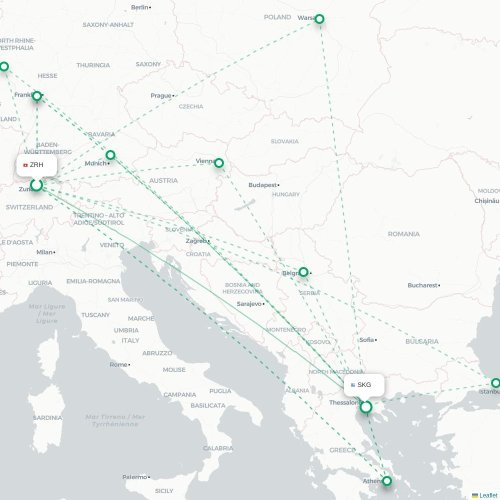 Mapa de vuelo directo Zúrich - Salónica