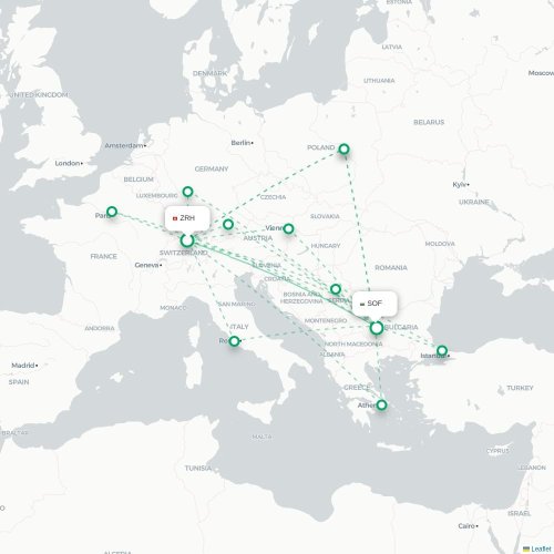 Mapa lotu bezpośredniego Zurych – Sofia