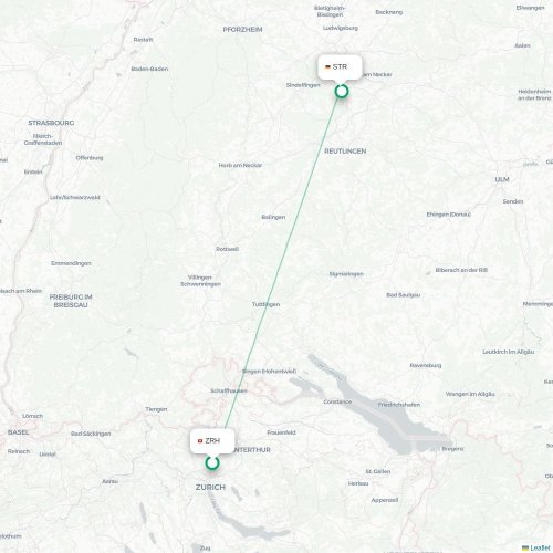 Zürich - Stuttgart kaart van rechtstreekse vlucht