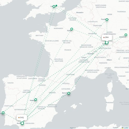 Mapa de vuelo directo Zúrich - Sevilla