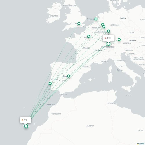 Mapa de vuelo directo Zúrich - Granadilla de Abona