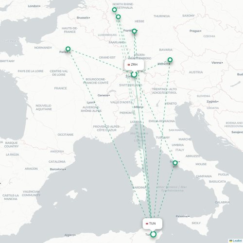 Mapa lotu bezpośredniego Zurych – Tunis