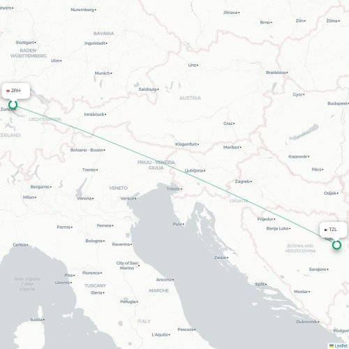 Mapa de vuelo directo Zúrich - Tuzla