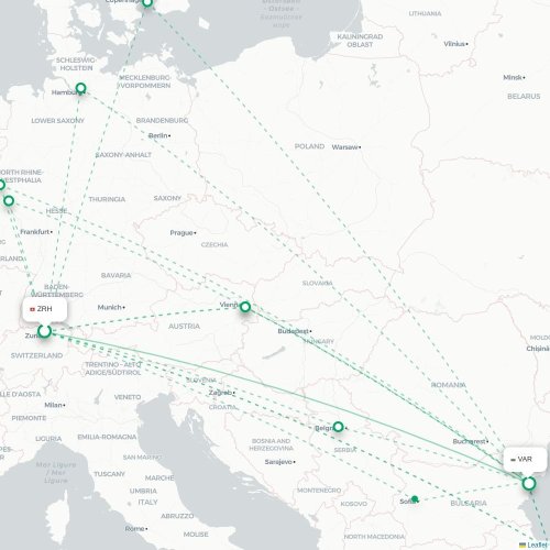 Mapa lotu bezpośredniego Zurych – Warna