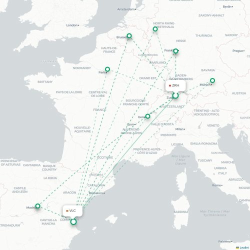 Mapa de vuelo directo Zúrich - Valencia
