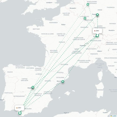Mapa de vuelo directo Zúrich - Jerez de la Frontera