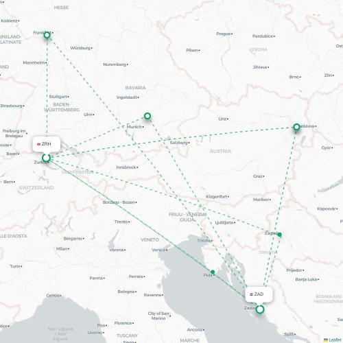 Mapa lotu bezpośredniego Zurych – Zadar