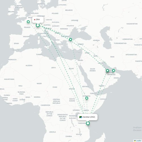 Mapa de vuelo directo Zúrich - Zanzíbar