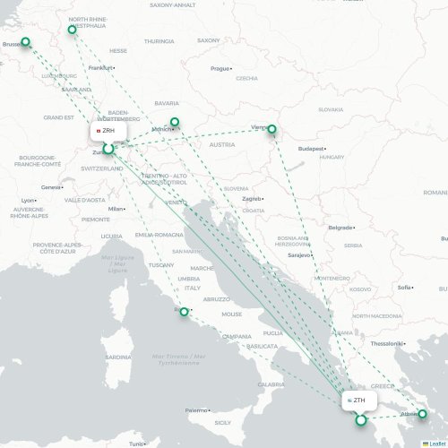 Zurich - Zakynthos karta över direktflyg