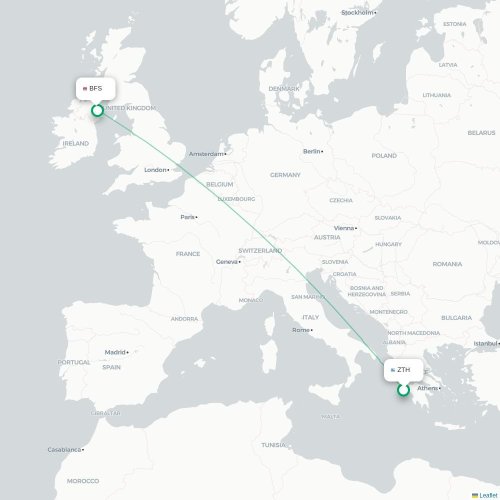 Mapa de vuelo directo Zakynthos - Belfast