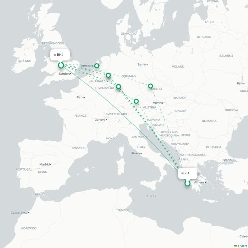 Mapa de vuelo directo Zakynthos - Birmingham