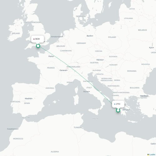 Mapa de vuelo directo Zakynthos - Bournemouth