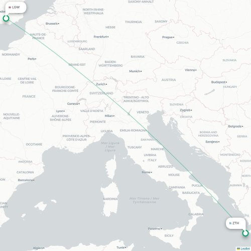 Mapa de vuelo directo Zakynthos - Londres
