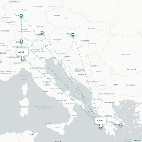 Zakynthos - Milano karta över direktflyg