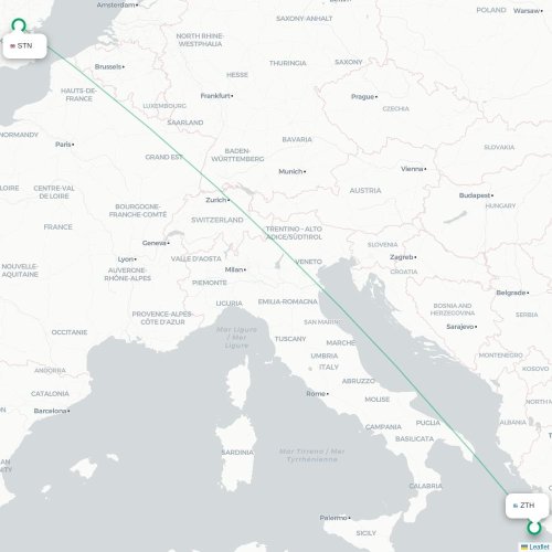Mapa de vuelo directo Zakynthos - Londres